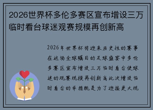 2026世界杯多伦多赛区宣布增设三万临时看台球迷观赛规模再创新高 2026世界杯多伦多赛区宣布增设三万临时看台球迷观赛规模再创新高